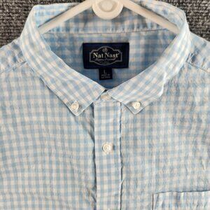 Nat Nast Blue Check Large Long Sleeve Button Up Shirt Men Cotton Casual Adult